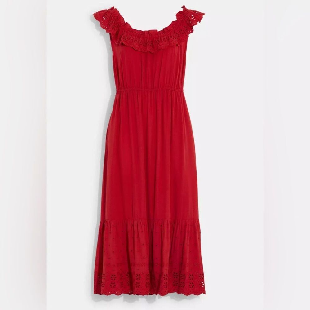 Coach Eyelet Ruffle Midi Dress Size 6 Red Romantic Milkmaid Cottagecore Boho